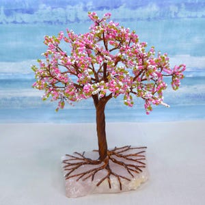 Spring Blossom Wire Tree on Rose Quartz | Handmade Tree Sculpture | Beaded Tree of Life | Crystal Decor | Unique Gift