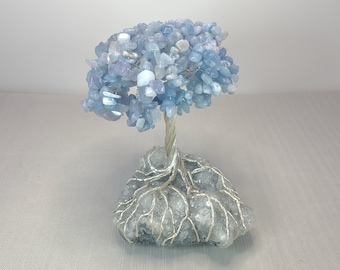 Handcrafted Aquamarine Tumbled Chip Tree on Apophyllite Cluster - Unique Home Decor