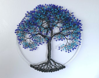 Large Handmade Dark Blue and Light Blue Wire Tree Wall Hanging