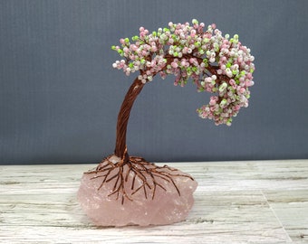 Handmade Curved Cherry Blossom Wire Tree on Rose Quartz - Nature Inspired Decor