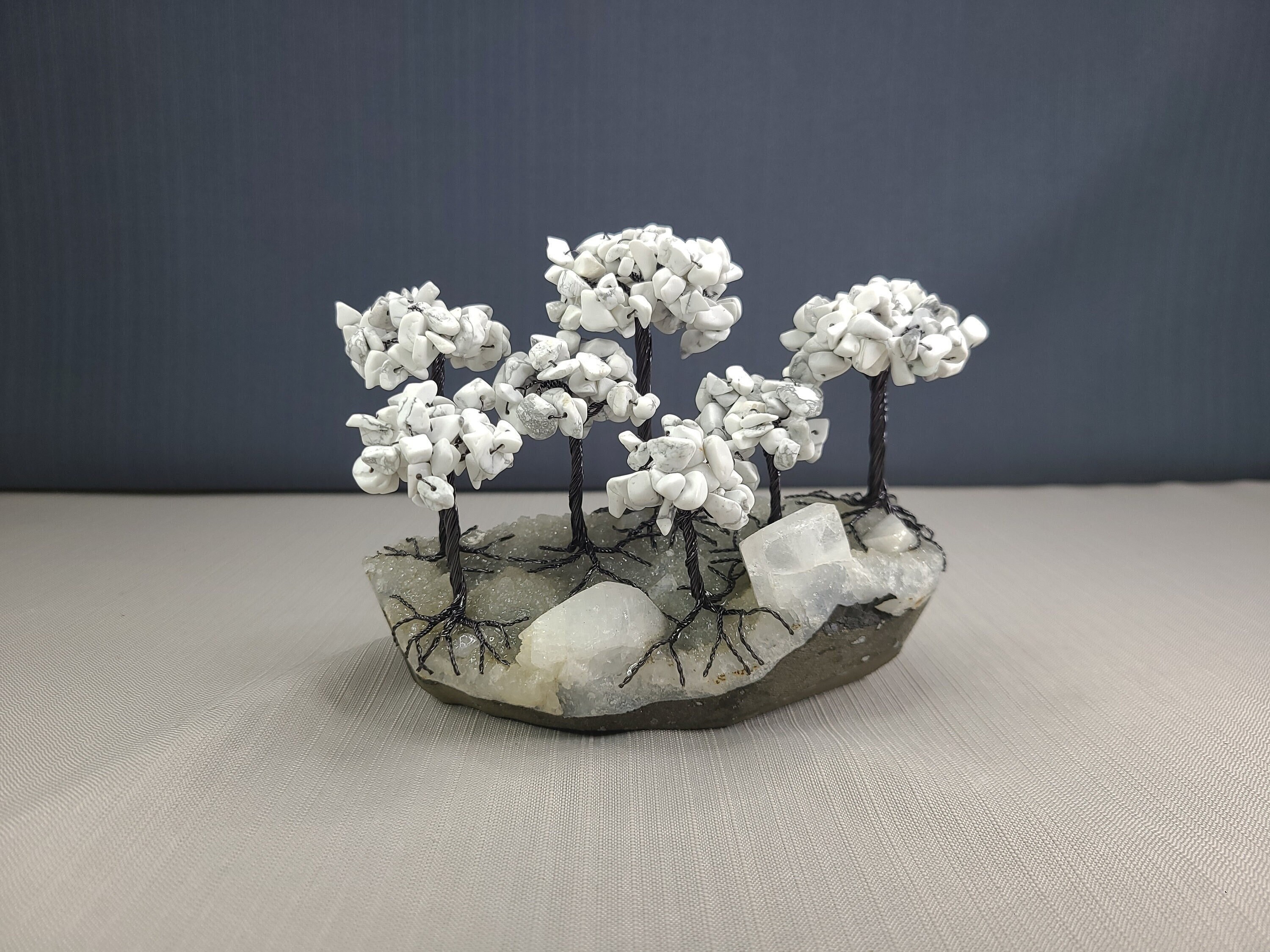 Howlite Tumbled Chip Forest Art Piece Mounted on Apophyllite Crystal