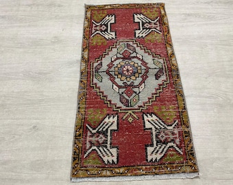 Alfombra pequeña de lana turca hecha a mano, diseño anatolio vintage, 1,6 x 3,1 pies