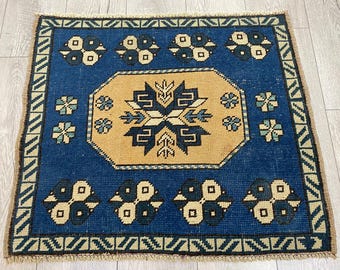 Blue square rug, Turkish mini rug, Small rug, Vintage rug, Oushak rug, Wool rug, Bohemian rug, Boho rug, Oriental rug, Unique rug 2.2x2.6 ft