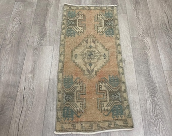 Mały pomarańczowy dywanik, Wyblakły dywanik, Dywan vintage, Dywan turecki, Dywan Oushak, Wycieraczka, Dywanik łazienkowy, Dywan ręcznie robiony, Dywan boho, Dywan wełniany, 1,5 x 3,2 stopy
