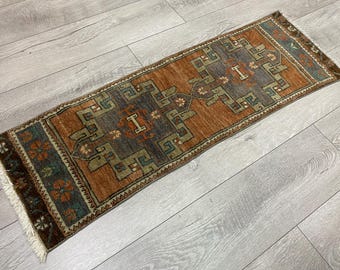 48×211ランナー　淡ブラウン　ブルー　ラインホワイト　トルコヴィンテージラグ 1.2x3.6フィート、小型ランナーラグ、ニュートラルラグ、トルコラグ