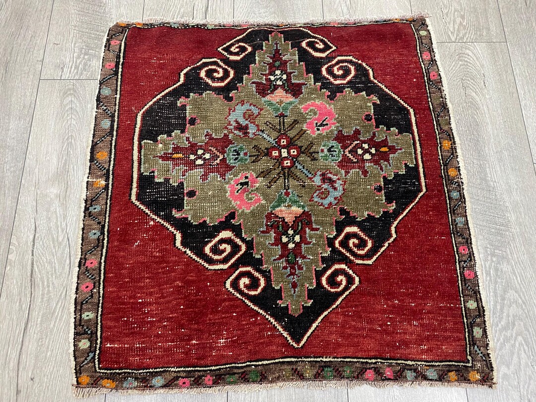 Red Square Rug Texture Red Square Rug, Vintage Small Rug, Turkish Mini Rug, Oriental Rug ...