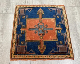 Handmade Blue Oushak Wool Rug, Vintage Oriental Bohemian Style (2.0x2.0 ft)