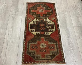 Türkischer Mini-Teppich, Oushak Teppich, Wollteppich, Wollteppich, Handteppich, Fußmatte, Badteppich, Boho-Teppich, Vintage-Teppich, Kleiner Teppich, Orientteppich, Boho-Teppich, 40x90 cm