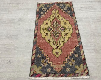 Tapis rose et bleu, tapis oriental, mini tapis vintage, petit tapis turc, tapis Oushak, paillasson, tapis de cuisine, tapis ancien, 45 x 88 cm