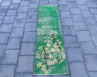 Green runner rug, Turkish rug, Vintage rug, Oushak rug, Hallway rug, Floral rug, Bohemian rug, Boho rug, Wool rug, Handmade rug, 1.9x6.5 ft
