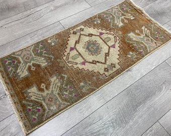 Brown rug, Small rug, Turkish rug, Bath rug, Oushak rug, Antique rug, Vintage rug, Boho rug, Handmade rug, Bohemian rug, Wool rug 1.4x3.1 ft