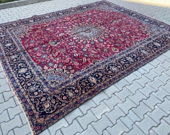 Dywan turecki, Dywan o dużej powierzchni, Dywan neutralny, Dywan do salonu, Dywan w stylu vintage, Dywan oversize, Dywan w stonowanym kolorze, Dywan brązowy, Dywan Oushak, Dywan wełniany 9,4 x 11,9 stopy