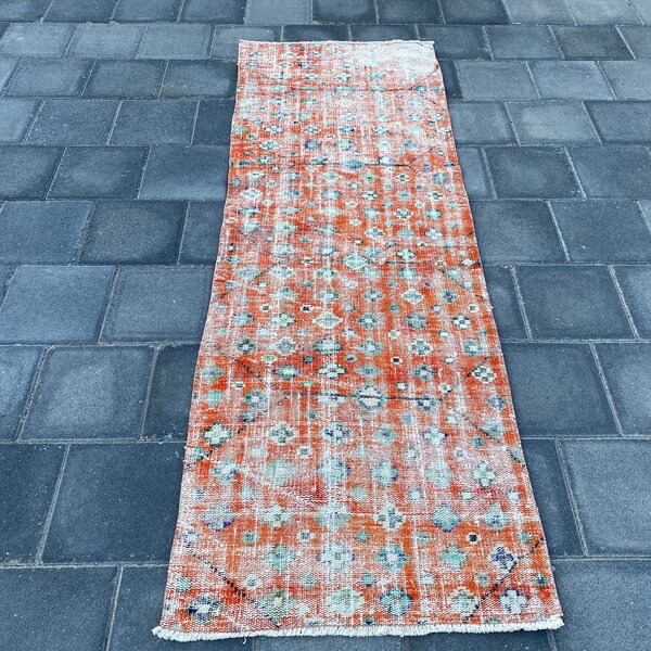 3x8 Runner rug, Oushak rug, Turkish rug, Orange rug, Distressed rug, Vintage rug, Kitchen rug, Turkey rug, Handmade wool rug, 2.7 x 7.9 ft