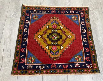 Handgemaakt wollen Oushak-tapijt, rood boho-Turks tapijt (2,1 x 2,2 ft)