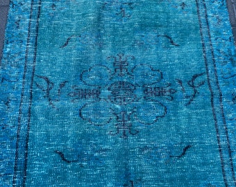 alfombra azul, alfombra vintage turca, alfombra de área, alfombra boho, 3.7x6.7 pies, alfombra oushak, alfombra hecha a mano, alfombra orgánica, alfombra de lana, alfombra boho, alfombra sobreteñida