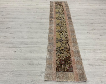 Vintage Turkish Wool Runner Rug, Patchwork Oushak, Boho Home Decor (2.1x9.7 ft)