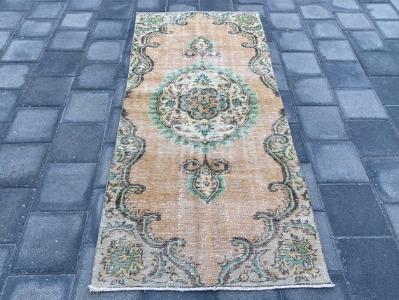 Traditional rug, Orange area rug, Turkish rug, Vintage rug, Oriental rug, Handmade rug, 3.5x7.5 ft, Floral rug, Oushak wool rug, Floor rug
