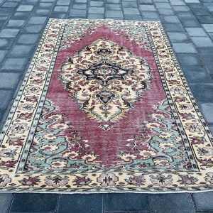 Purple large rug, Vintage rug, Rustic rug, Turkish rug, Boho rug, Living room rug, Oriental rug, Handmade wool rug, Oushak rug, 5.9x9.1 ft