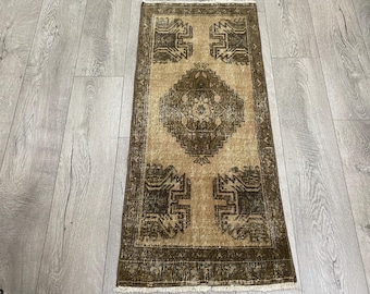 Vintage Brown Organic Wool Rug, Muted Anatolian Doormat 1.6x3.6 ft