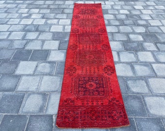 2x11 Runner rug, Oushak red rug, Turkish rug, Vintage rug, Kitchen rug, Bohemian rug, Overdyed rug, Boho wool rug, Hallway rug, 2.5x11.6 ft