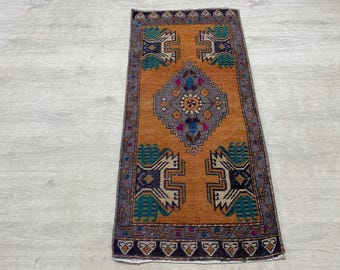 Vintage klein tapijt, Oushak tapijt, Deurmat, Turks minitapijt, Oosters tapijt, Boho tapijt, Tapijt van biologische wol, Boho decoratief tapijt, 1,6 x 3,6 ft
