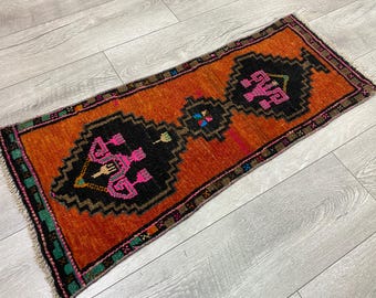 Small Vintage Turkish Rug, Wool Oushak Rug, Boho Decor (1.2x3.0 ft)