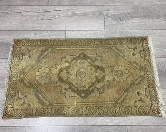 Muted Brown Turkish Wool Rug, Vintage Oushak Boho Carpet (1.5 x 2.8 ft)