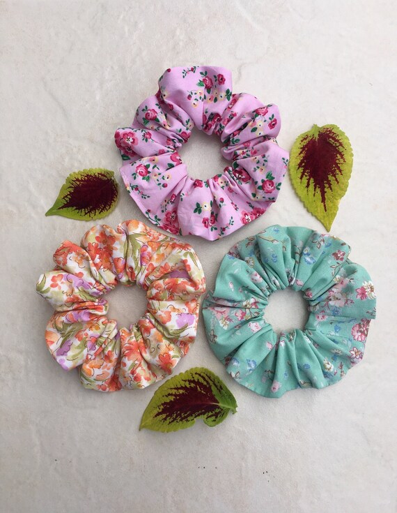 Set of 3 floral scrunchies, Hair ties, Hair accessories, Gifts for her, Gifts for families and friends,  Made in UK