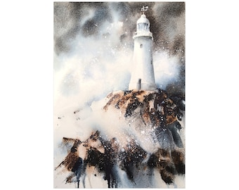 Phare de la Corbière aquarelle bleue marron sur papier décoration murale