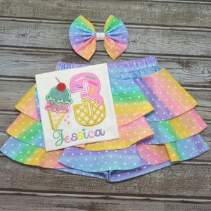 Ice Cream Birthday Outfit for Girls - Any Age Embroidered Shirt & Skort - Cute Puff Sleeve Birthday Set