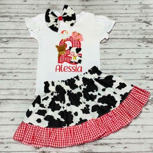 Farm Animals Birthday Girls Shirt, Red Gingham, Pig, Cow, Horse, and Chicken, 1st 2nd 3rd 4th 5th 6th birthday