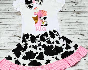 Farm Animals Birthday Girls Shirt, Pink Gingham, Pig, Cow, Horse, and Chicken, 1st 2nd 3rd 4th 5th 6th birthday