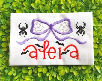 Custom Halloween Shirt, Personalized Spider Web Bow Tee, Kids Spooky Season Apparel, Embroidered Name T-Shirt, Toddler Trick or Treat Outfit