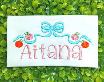 Monogrammed Pumpkin Shirt for Girls | Personalized Fall Pumpkin Patch Tee with Embroidered Name and Puff Sleeves | Baby Girl Autumn Top