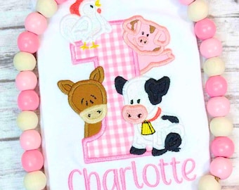 Farm Animals Birthday Girls Shirt, Pink Gingham, Pig, Cow, Horse, and Chicken, 1st 2nd 3rd 4th 5th 6th birthday