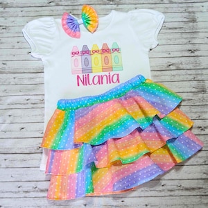 Rainbow Crayons Girls School Outfit, Back to School Matching Shirt and Ruffle Skort, First Day of School, Picture Day Girls Shirt
