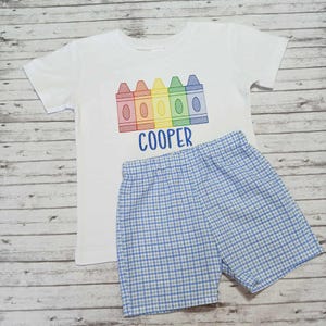 Rainbow Crayons Back to School Embroidered Boy&#39;s Outfit, Kids Back to School Shirt and Short, First Day of School Boys Outfit
