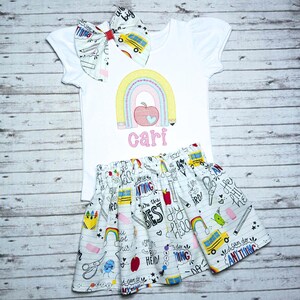 Personalized Back to School Outfit for Girls, First Day of School, Picture Day, Custom Girls Clothing, Rainbow Pencil Sketch Design
