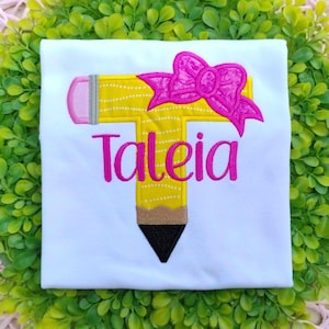 Pencil Monogram with Bow, Back to School Girl Shirt, First Day of School Shirt, Pencil Applique Initial with Name