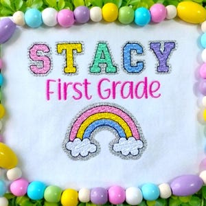 Personalized First Day of School Shirt, Embroidered Faux Chenille Rainbow, Varsity Girls Back to School Tee, Any Grade
