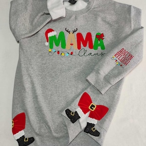 Trendy Christmas Sweatshirt with Santa Side Bow - Embroidered Mama Design - Embroidered Christmas Mama Sweatshirt - Side Slit Sweater