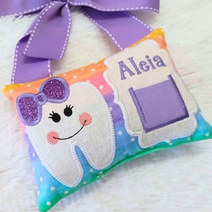 Personalized tooth fairy pillow, embroidered gift for baby showers and birthdays, perfect for girls losing their first tooth.