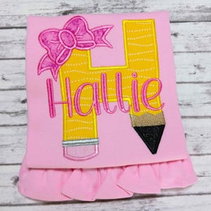 Pencil Monogram with Bow, Back to School Girl Shirt, First Day of School Shirt, Pencil Applique Initial with Name