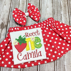 Sweet One Strawberry First Birthday Outfit, Red/White Polkadot Skirt, and Bow, Strawbery Embroidered Girls Shirt, Summer Birthday