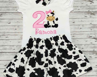 Cow Birthday Outfit, Any Age Girl Cow Print Birthday Outfit, Skirt, and Bow, Farm Birthday