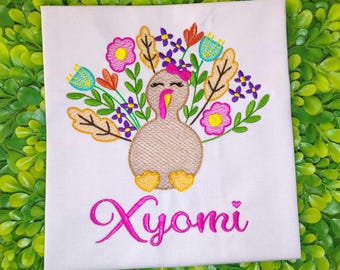 Personalized Embroidered Thanksgiving Shirt with Floral Turkey Design for Girls.