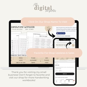 May include: A digital download for a handwriting workbook for adults. The workbook includes practice sheets for handwriting, penmanship, lettering, and hand lettering. The workbook is available for purchase on Etsy for $20.00.