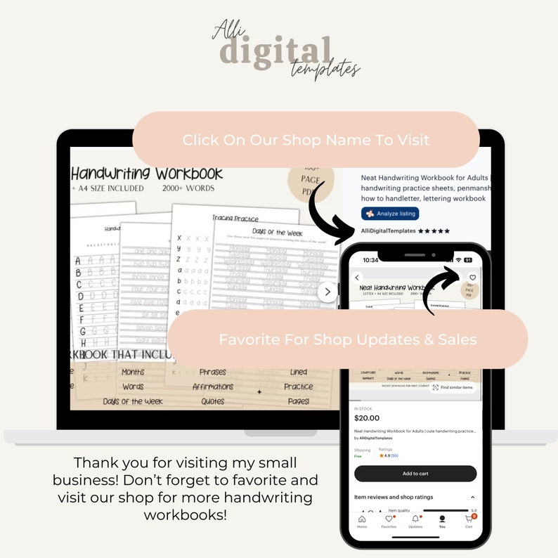 May include: A digital download for a handwriting workbook for adults. The workbook includes practice sheets for handwriting, penmanship, lettering, and hand lettering. The workbook is available for purchase on Etsy for $20.00.