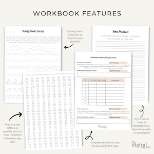 May include: Workbook with a black and white illustration of a hand holding a pen. The workbook features exercises for improving handwriting, including steady hand exercises, more practice pages, and a progress tracker. The text "Workbook Features" is at the top of the page.