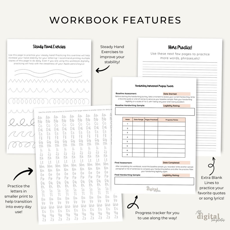 May include: Workbook with a black and white illustration of a hand holding a pen. The workbook features exercises for improving handwriting, including steady hand exercises, more practice pages, and a progress tracker. The text "Workbook Features" is at the top of the page.